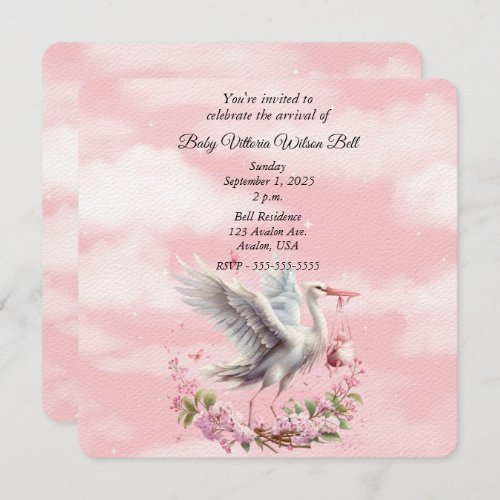 White Stork Pink Baby Girl Invitation