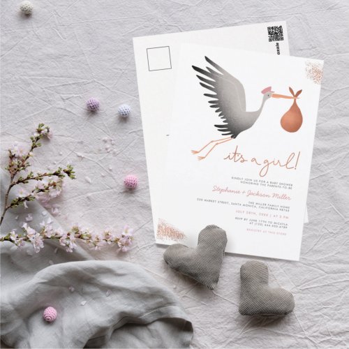 White Stork Pink  Rose Gold Baby Girl Baby Shower Postcard