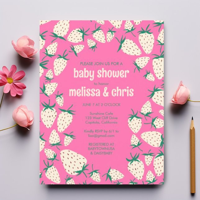White Strawberry Cute Pineberry CUSTOM BABY SHOWER Invitation Postcard (Cute white strawberries on a pink background for these custom baby shower invitation postcards. )