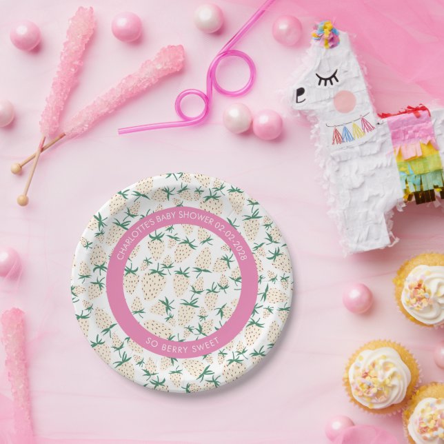 White Strawberry Cute Pineberry CUSTOM BABY SHOWER Paper Plates (Party)