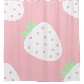 white strawberry pastel pink fruit print shower curtain