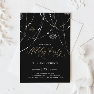 White String Lights Black Holiday Party Invitation