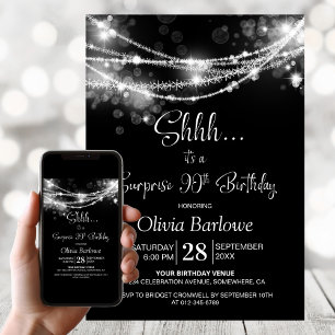 White String Lights Black Surprise 90th Birthday Invitation