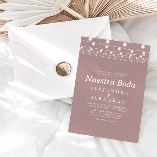 White String Lights Blush Nuestra Boda Wedding Invitation