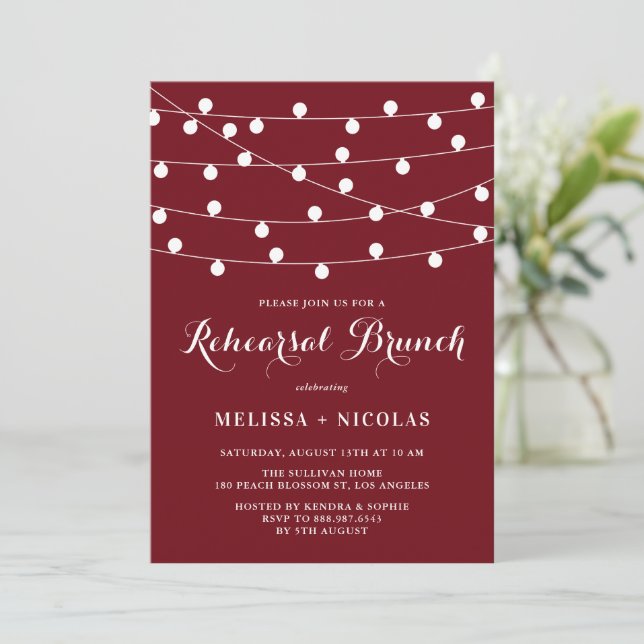 White String Lights Burgundy Rehearsal Brunch Invitation (Standing Front)