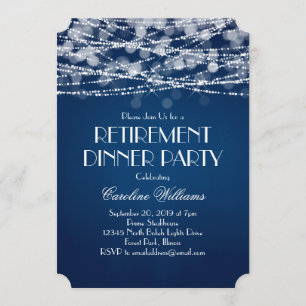 White String Lights on Blue Retirement Invitation