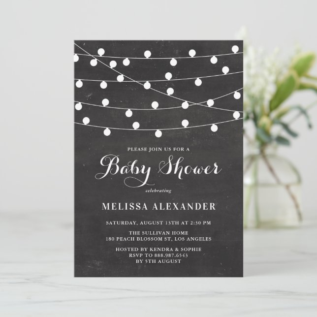 White String Lights on Chalkboard Baby Shower Invitation (Standing Front)