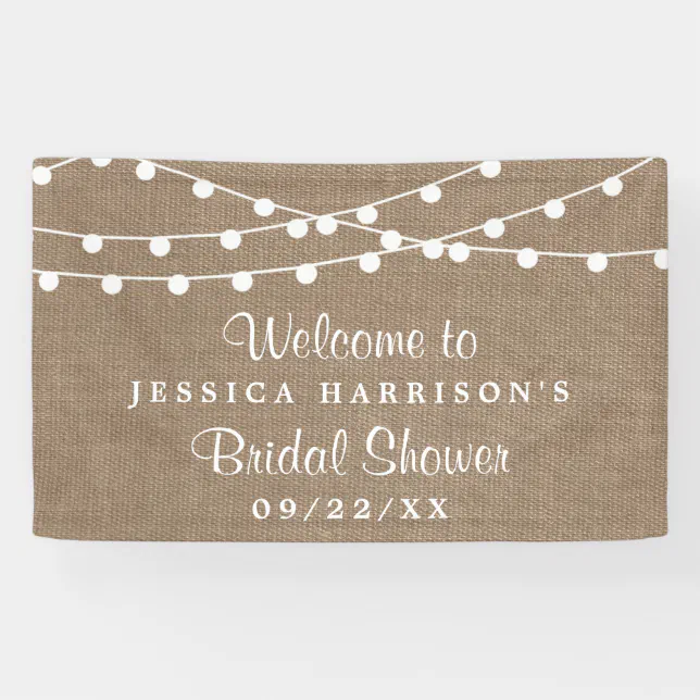 White String Lights On Rustic Burlap Bridal Shower Banner | Zazzle