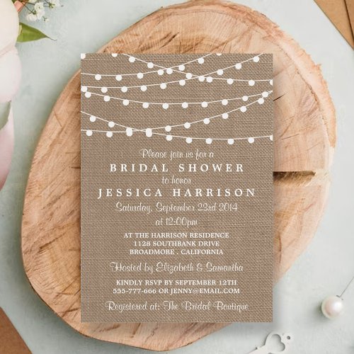 White String Lights On Rustic Burlap Bridal Shower Invitation