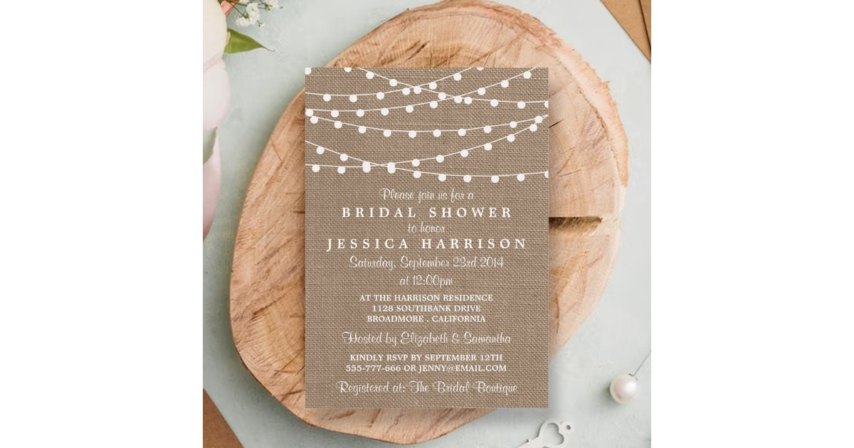 White String Lights On Rustic Burlap Bridal Shower Invitation | Zazzle