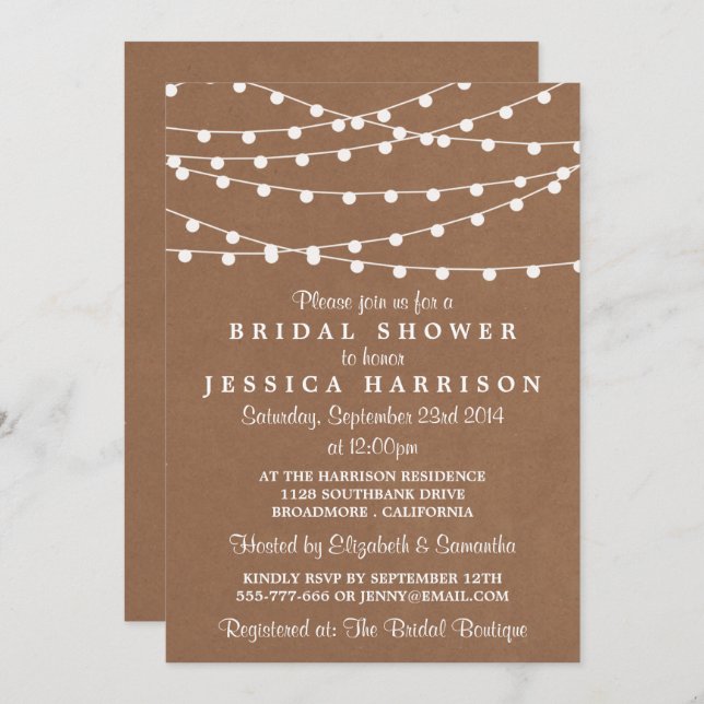 White String Lights On Rustic Kraft Bridal Shower Invitation (Front/Back)
