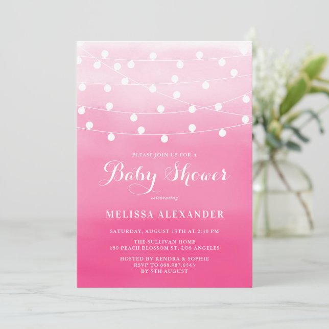 White String Lights Pink Ombre Baby Shower Invitation (Standing Front)