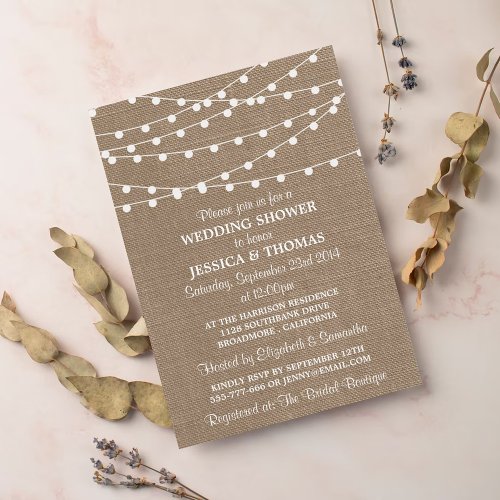White String Lights Rustic Burlap Wedding Shower Invitation
