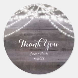 White String lights & Rustic Wood Favor Classic Round Sticker