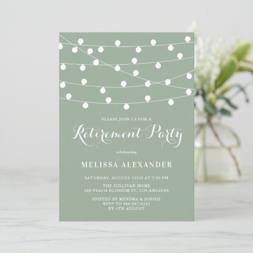 White String Lights Sage Green Retirement Party Invitation