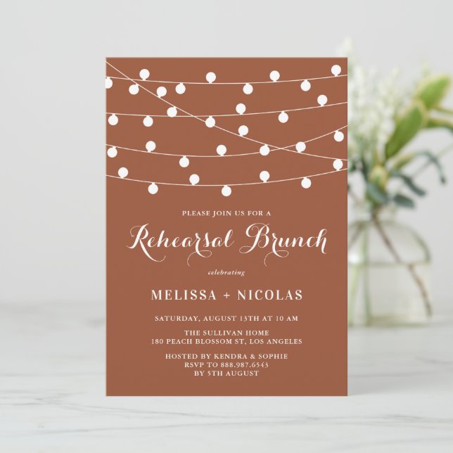 White String Lights Terracotta Rehearsal Brunch Invitation (Standing Front)
