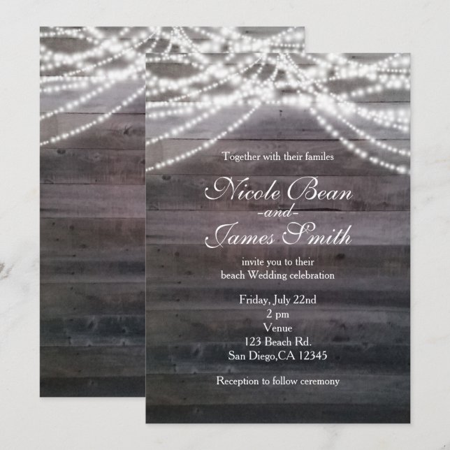 White String lights & Wood Wedding Invitations (Front/Back)