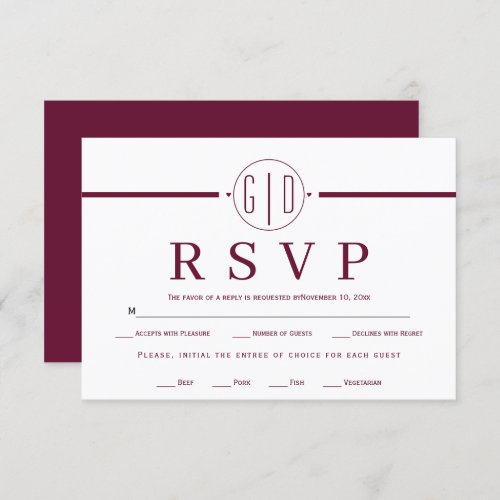 White stripe and initials formal burgundy wedding RSVP card