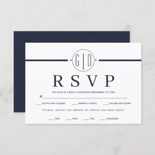 White stripe and initials midnight blue wedding RSVP card