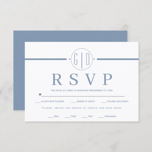 White stripe initials formal dusty blue wedding RSVP card
