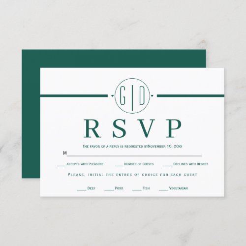 White stripe initials formal evergreen wedding RSVP card