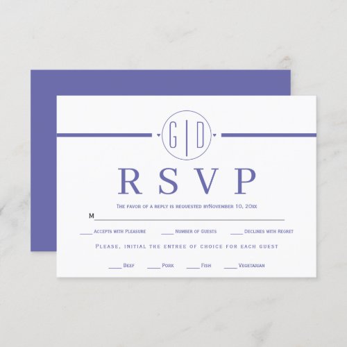 White stripe initials periwinkle blue wedding RSVP card