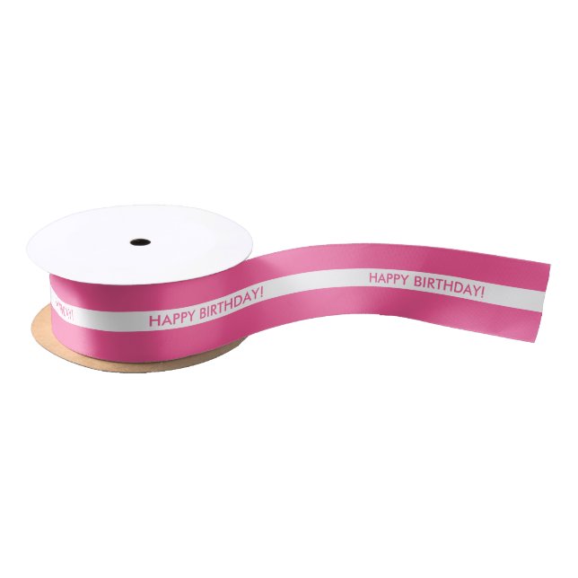 White Stripe On Pink With Happy Birthday Text Satin Ribbon (Spool)