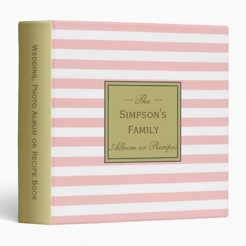 White Striped Champagne Pink Recipes Photo Wedding 3 Ring Binder