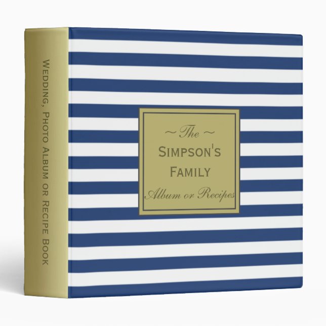 White Striped Cobalt Blue: Recipes, Wedding Album 3 Ring Binder (Front/Spine)