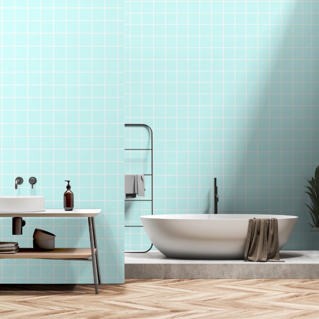White Striped Light Teal Color Tile Style Design Wallpaper (Bathroom)