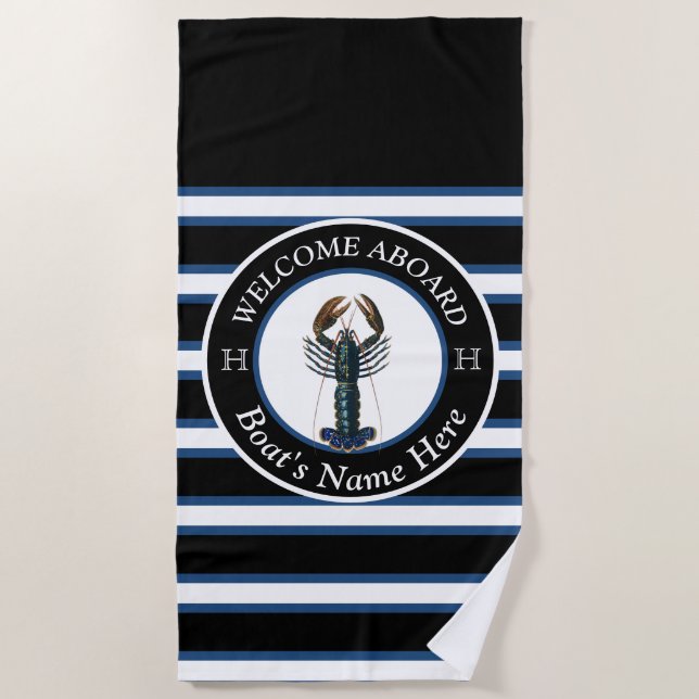  White Striped Nautical Boat Name Blue Lobste Beach Towel (Front)