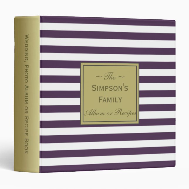 White Striped Purple Violet Wedding Album, Recipes 3 Ring Binder (Front/Spine)
