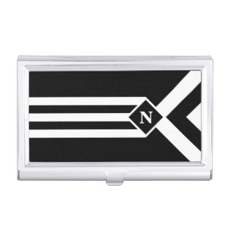 White Stripes and Chevrons on Black with Monogram Business Card Holder