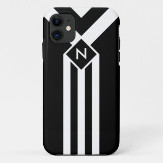 White Stripes and Chevrons on Black with Monogram iPhone 11 Case