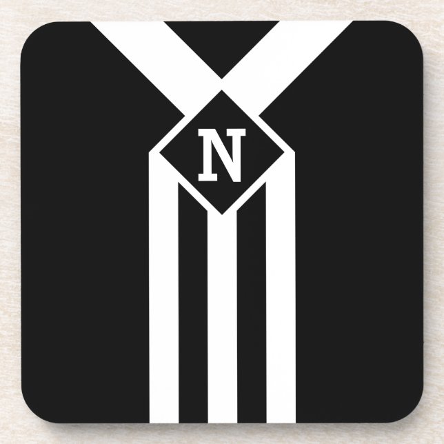 White Stripes and Chevrons on Black with Monogram Drink Coaster (Front)