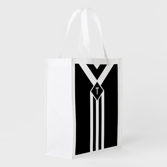 White Stripes and Chevrons on Black with Monogram Grocery Bag (Back Side)