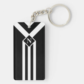 White Stripes and Chevrons on Black with Monogram Keychain