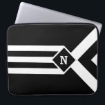 White Stripes and Chevrons on Black with Monogram Laptop Sleeve<br><div class="desc">Bold mostly black geometric pattern features three alternating white and black chevrons that end at a black diamond outlined with white. It looks like a stylized medal hanging from a ribbon. The diamond contains a customizable monogram. Three white stripes extend from the bottom of the diamond to the base of...</div>