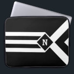 White Stripes and Chevrons on Black with Monogram Laptop Sleeve<br><div class="desc">Bold mostly black geometric pattern features three alternating white and black chevrons that end at a black diamond outlined with white. It looks like a stylized medal hanging from a ribbon. The diamond contains a customizable monogram. Three white stripes extend from the bottom of the diamond to the base of...</div>