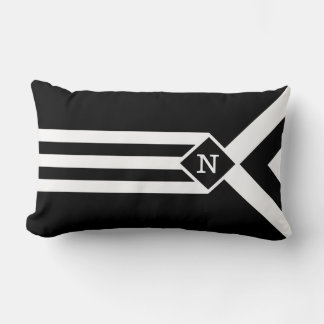 White Stripes and Chevrons on Black with Monogram Lumbar Pillow