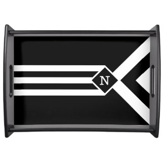 White Stripes and Chevrons on Black with Monogram Serving Tray