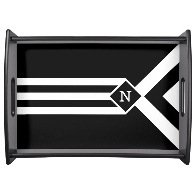 White Stripes and Chevrons on Black with Monogram Serving Tray (Front)