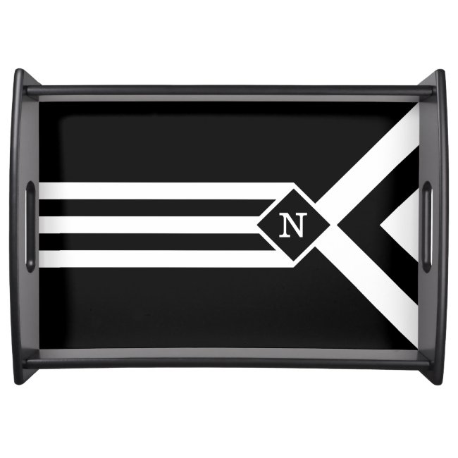 White Stripes and Chevrons on Black with Monogram Serving Tray