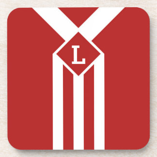 White Stripes and Chevrons on Red with Monogram Coaster