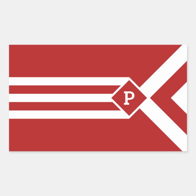 White Stripes and Chevrons on Red with Monogram Rectangular Sticker (Front)