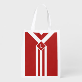 White Stripes and Chevrons on Red with Monogram Reusable Grocery Bag