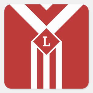 White Stripes and Chevrons on Red with Monogram Square Sticker