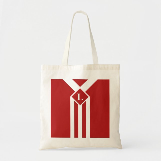White Stripes and Chevrons on Red with Monogram Tote Bag (Front)