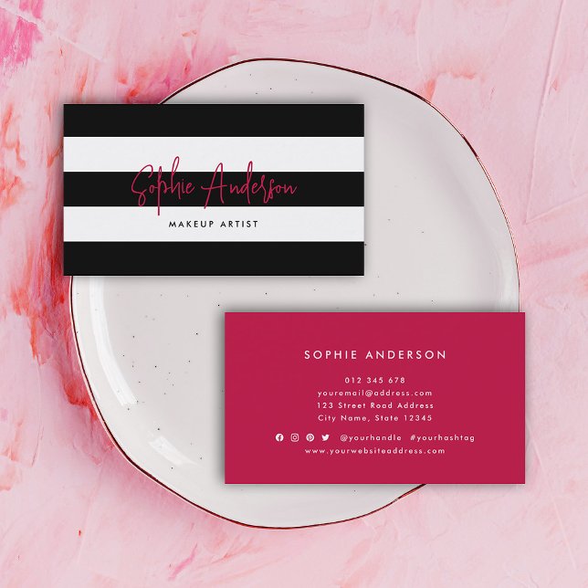 White Stripes and Custom Color Modern Script Business Card (Creator Uploaded)