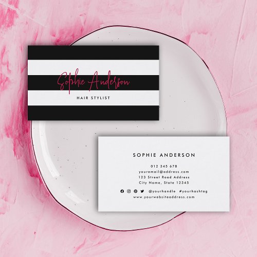 White Stripes and Custom Color Modern Script Business Card